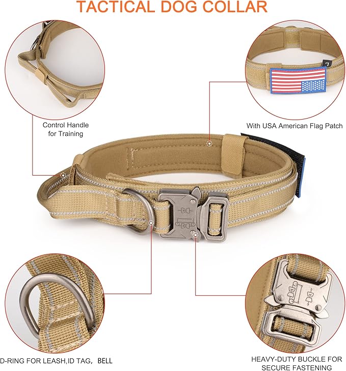 KCUCOP Tactical Dog Collar, Heavy Duty Dog Collar with Handle and Metal Buckle, Military Thick Dog Collars for Medium and Large Dogs(Brown-Reflective Set-XL, 1 Patch)