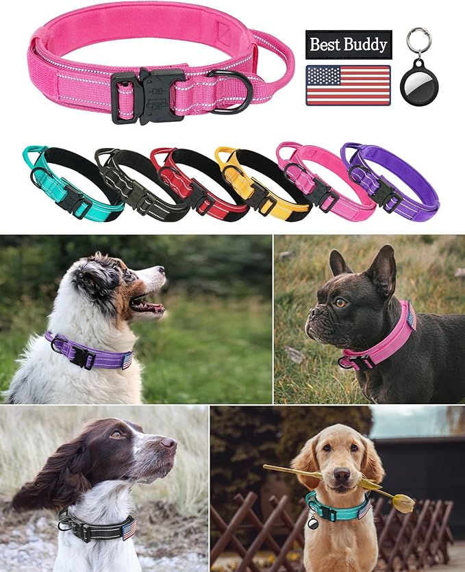 AUBELL Reflective Dog Collar, Tactical Dog Collar for Medium Dogs, Heavy Duty Dog Collars with Handle and Metal Buckle Great for Female Dogs Training, with Airtag case and 2 Patches(Pink, L)