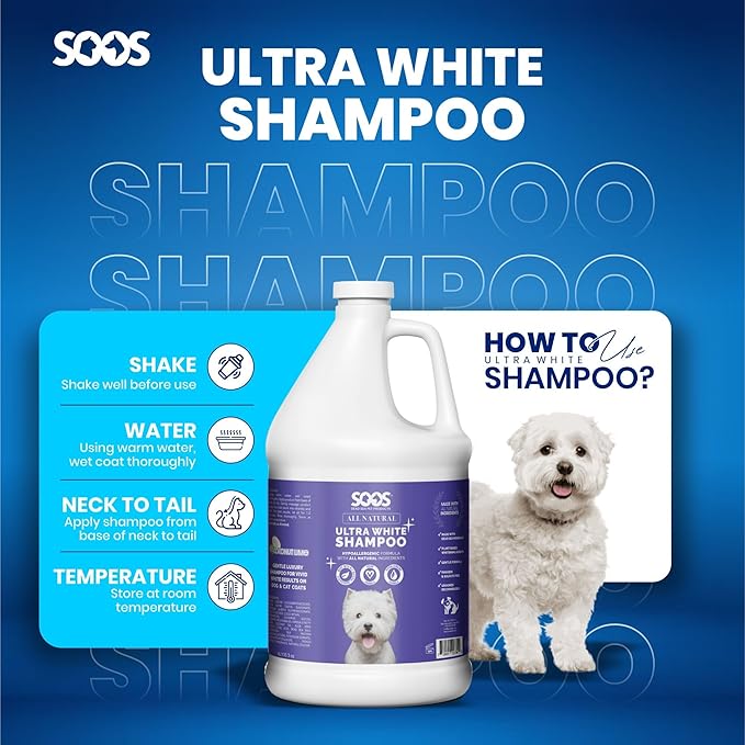 Soos Ultra White Hypoallergenic Shampoo for Dogs & Cats - Natural White Brightening Formula, Gentle & Moisturizing Pet Wash for Sensitive Skin - 4L