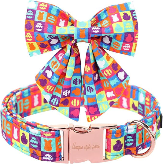 Unique Style Paws Easter Day Dog Collar with Bow Colorful Egg Rabbit Dog Collar Bowtie Bowtie Collar for Large Medium Small Dogs