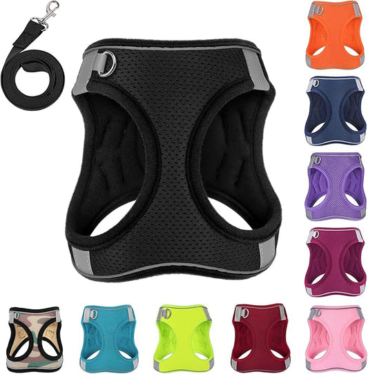 Dog Harness with Leash Set, No-Pull Step-in Reflective Pet Harness with 1 Leash Clips, Adjustable Soft Padded Easy Walk Dog Vest for Small Medium Large Dogs, Cats(Carbon Black, XXSmall)