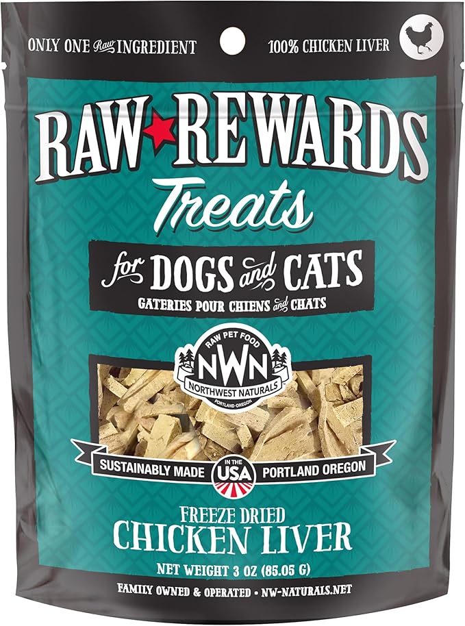 Northwest Naturals Raw Rewards Freeze-Dried Chicken Liver Treats for Dogs and Cats - Bite-Sized Pieces - Healthy, 1 Ingredient, Human Grade Pet Food, All Natural - 3 Oz (Pack of 1)