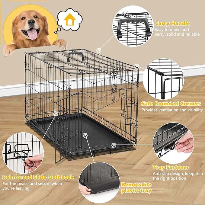 DUMOS 24-Inch Dog Crate, Small Double-Door Folding Metal Kennel with Divider Panel and Leak-Proof Pan, Portable Dog Cage for Indoor, Outdoor, and Travel