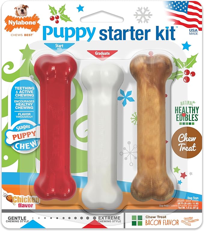 Nylabone Teething Puppy Chew Starter Kit, Two Puppy Chew Toys and Puppy Chew Treat, Puppy Supplies, Bacon & Chicken Flavor, Small/Regular (3 Count)