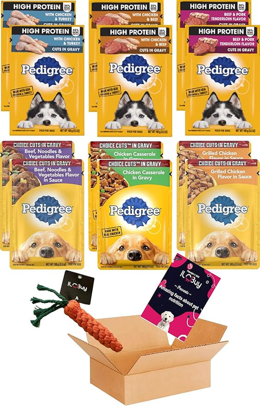 High Protein Dog Food Bundle, Includes 12 Pouches, High Protein and cuts in Gravy, Assorted 06 Flavors(02 Each).Plus a Carrot Dog Toy and a Pet Nutrition Booklet.
