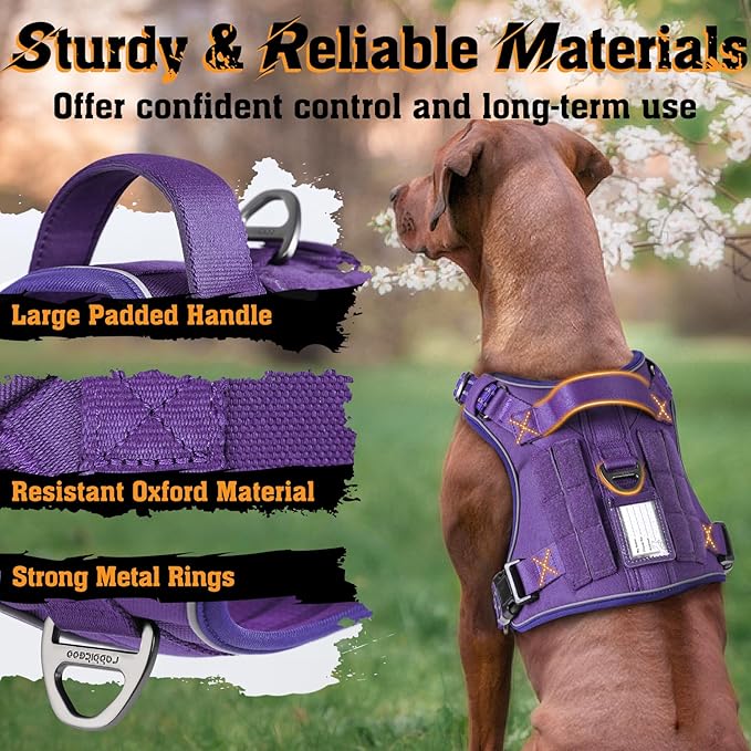 rabbitgoo Dog Harness for Large Dogs No Pull, Tactical Service Dog Vest with Molle and Control Handle, Adjustable and Reflective Military Pet Harness for Easy Walking and Training, Purple, L