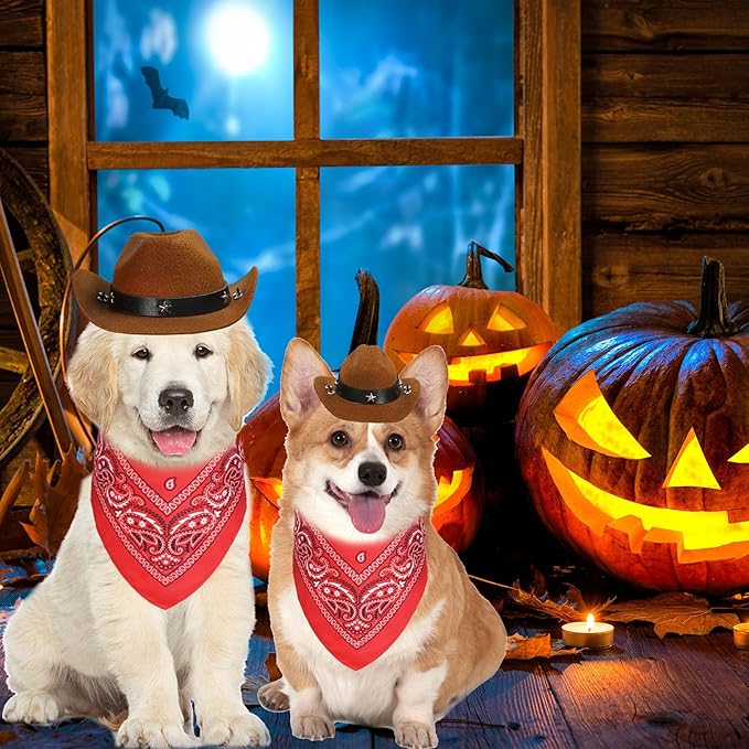 Dog Halloween Costumes, Dog Cowboy Costume Halloween Pet Cowboy Hat Bandana Scarf for Small Medium Large Dogs Pets (Brown Hat & Red Bandana, Small)