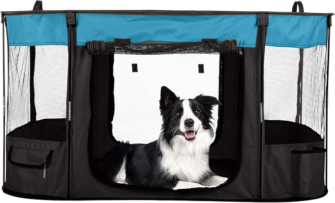 Dog Playpen - 43x34x23 Inch Puppy Kennel with Mesh Windows, Zippered Doors, and Storage Pockets - Portable Dog Play Pen Indoors/Outdoors for Small Animals by PETMAKER (Blue)
