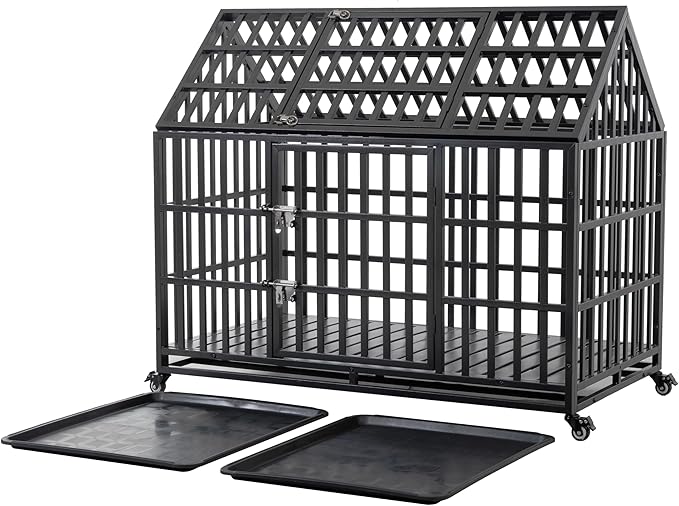 NicBex 51.2 Inch Heavy Duty Dog Crate Strong Metal Pet Kennel Playpen and Crate with Roof,Removable Trays and 4 Lockable Wheels,Furniture Style Dog Crate for Medium/Large Dogs,Black