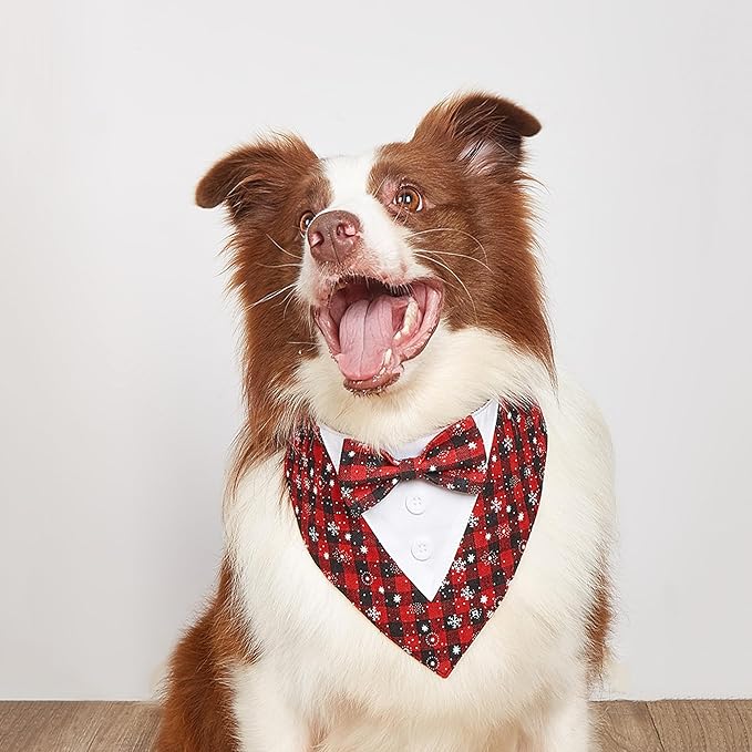 ADOGGYGO Christmas Dog Tuxedo Bandana, Red Plaid Pet Chritstmas Tux with Bowtie Adjustable Christmas Formal Costume for Small Dogs Pets (S)