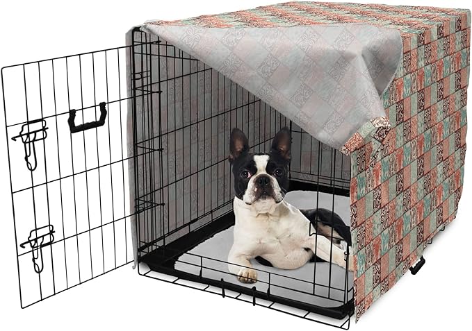 Lunarable Geometric Dog Crate Cover, Western Style Floral Motifs with Vintage Look in Checks, Easy to Use Pet Kennel Cover for Small Dogs Puppies Kittens, 22 Inch, Brown Vermilion