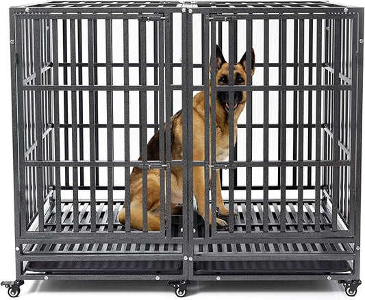 54 inch Heavy Duty Indestructible and Escape-Proof Dog Crate Cage Kennel for Large Dogs, High Anxiety Dog Crate with Removable Wire Trays and Wheels, Extra Large XL XXL