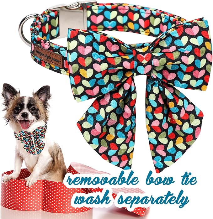 Unique Style Paws Valentine's Day Dog Collar with Bow Colorful Heart Love Dog Collars for Small Medium Large Dog New (S, Heart Bowtie)