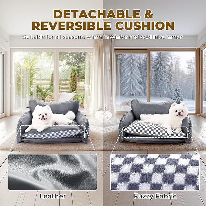 BurgeonNest Cat Couch Bed & Dog Sofa Bed for Small Dogs & Cats up to 15lbs, Double Layer Cushion Extra Comfort, Leather & Plush Material Scatch-Resistant, Waterproof, Grey