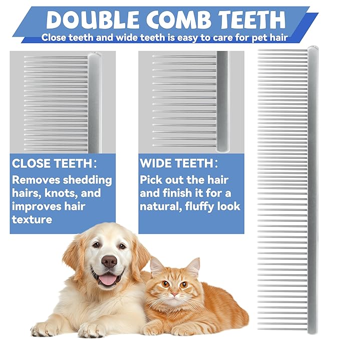 7.5 Inch Professional Stainless Steel Pet Grooming Comb for Dogs & Cats, Wide & Dense Teeth for Removing Tangles, Knots,Undercoat,Flea,Excess Hair, Rounded Corners Design for Safe,Metal Dematting Tool