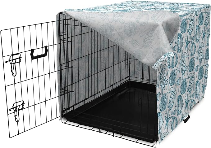 Lunarable Under The Sea Dog Crate Cover, Hand Drawn Sketch Art Style Fauna of The Sea Turtle Starfish and Fishes, Easy to Use Pet Kennel Cover for Cats & Medium Dogs, 30 Inch, Blue White