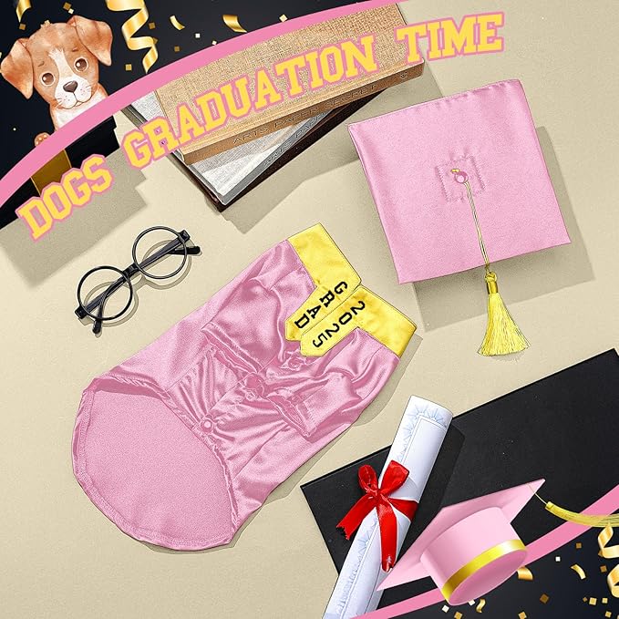 5 Pcs Dog Graduation Costume Set Include 2025 Pet Graduation Gown with Stole Puppy Grad Cap Lensless Glasses DIY Letter Stickers for Dogs Cats Holiday Costume Accessory(Pink Yellow,S)