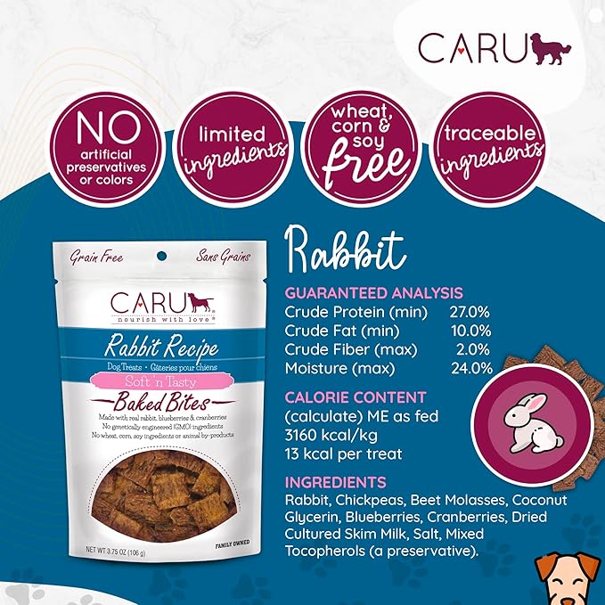 Caru - Soft n’ Tasty Baked Bites - Rabbit Bites Dog Treats - Flavorful Training Treats - 3.75 oz Bags - Pack of 3
