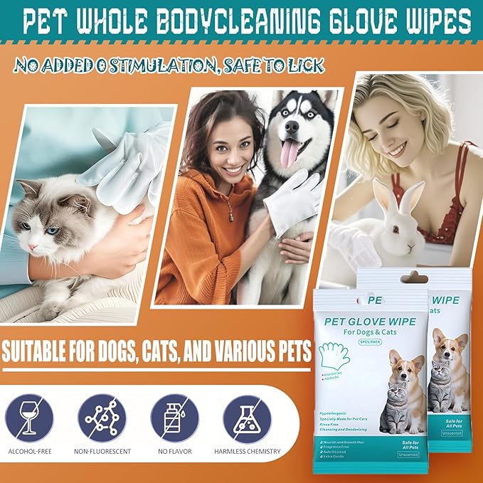 Pet Cleaning Glove Wipes 12 Count – No-Rinse for Dogs and Cats, Cleans, Grooms and Deodorizes Perfect for Daily Care Travel and Dry Bathing