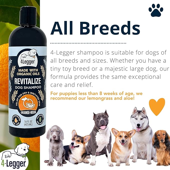 4 Legger Certified Organic to Food Standards Revitalize Neem with Sweet Orange Essential Oil Pet Shampoo 16 oz