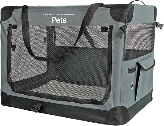 Ashfield & Harkness: Collapsible Soft Dog Crate - 30" - Gray, Sherpa Lined Mat, Durable Mesh Windows, Portable Foldable Pet Kennel, Indoor & Outdoor
