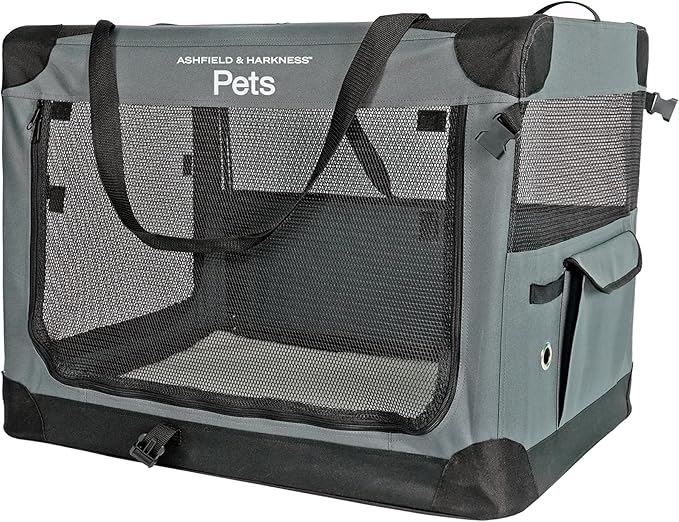 Ashfield & Harkness: Collapsible Soft Dog Crate - 36" - Gray, Sherpa Lined Mat, Durable Mesh Windows, Portable Foldable Pet Kennel, Indoor & Outdoor