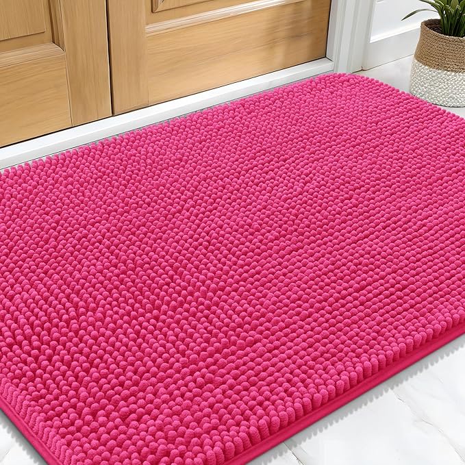 OLANLY Dog Door Mat for Muddy Paws 30x20, Absorbs Moisture and Dirt, Absorbent Non-Slip Washable Mat, Quick Dry Chenille, Mud Mat for Dogs, Entry Indoor Door Mat for Inside Floor, Hot Pink