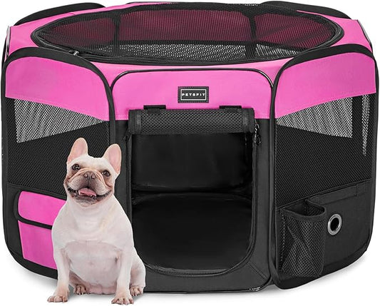 PETSFIT Portable Dog Playpen, 29" Dia Puppy Playpen with Zipper Removable Mesh Top Cover and Leakproof Playpen Bottom Mat-Cat Playpen Indoor/Outdoor for Cats,Dogs&Small Animals