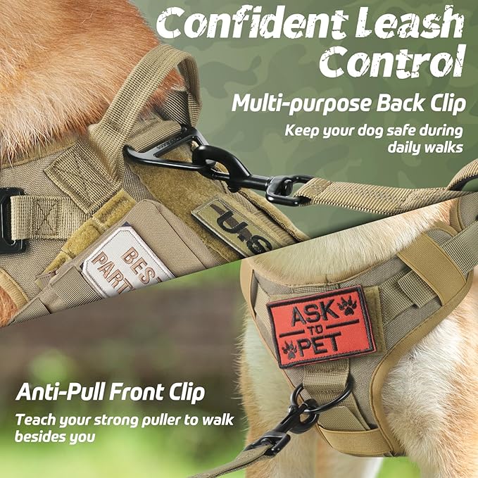 rabbitgoo Tactical Dog Harness for Large Dogs, Heavy Duty Dog Harness with Handle, No-Pull Service Dog Vest Large Breed, Adjustable Military Dog Vest Harness for Training Hunting Walking, Brown, XL
