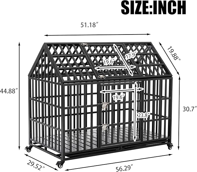 52" Metal Dog Cage with 4 Lockable Wheels, Heavy Duty Dog Kennel with Doors and Roof for Large Dogs, Black