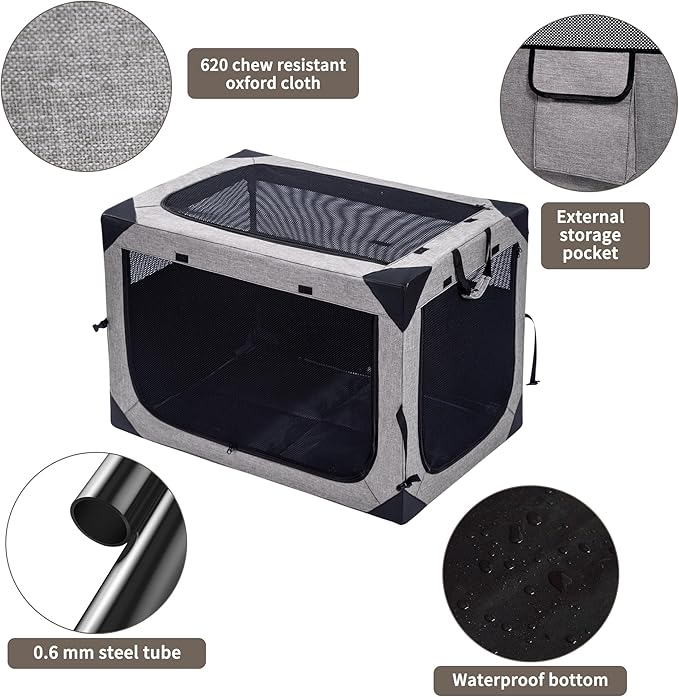 Dog Crates - 36 Inch Collapsible Soft Dog Crate, 3-Door Foldable Soft Kennel for Large Dogs, Portable Pet Travel Cage with Chew Proof Mesh Window for Outdoors