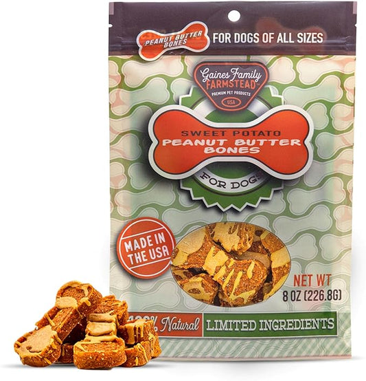 Gaines Family Farmstead Sweet Potato Peanut Butter Topped Dog Bones, All Natural, Grain Free, Dog Treats for All Ages & Breeds, Great for Training and Rewards, Made in USA, 8 Ounce Bag