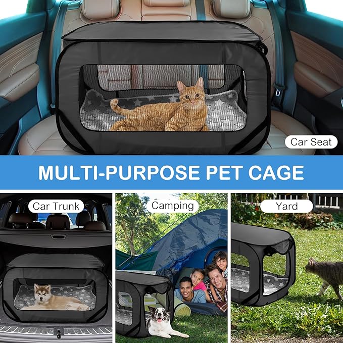 37 Inch Collapsible Dog Crate with Mat Liner Pop up Dog Kennel Waterproof Portable Car Seat Kennel Travel Crate for Pet Indoor Outdoor Cat Bed Collection(Black)