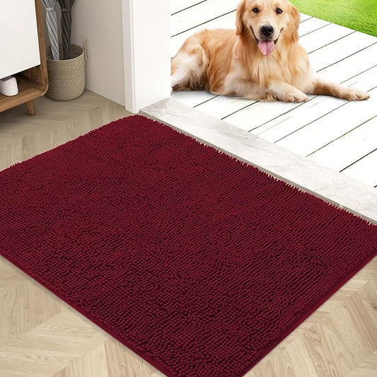 OLANLY Dog Door Mat for Muddy Paws 40x32, Absorbs Moisture and Dirt, Absorbent Non-Slip Washable Mat, Quick Dry Chenille, Mud Mat for Dogs, Entry Indoor Door Mat for Inside Floor, Burgundy