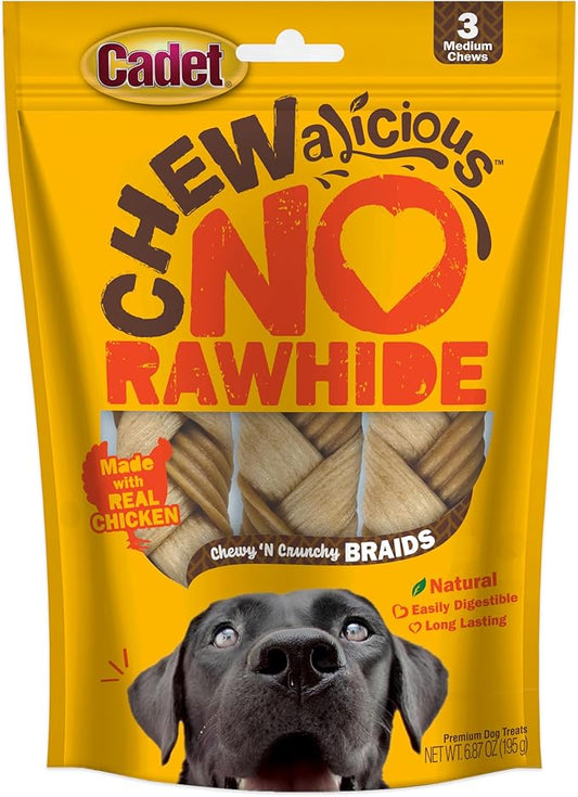 Cadet Chewalicious Chewy 'N Crunchy Braid Dog Treats, Limited Ingredient Rawhide-Free Dog Chews, Long-Lasting Made with Real Chicken, 3 Count (Pack of 1)