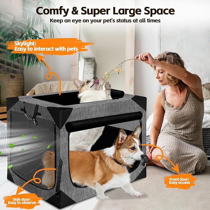 Dog Crate 30x21x21 Inch for Large or Medium Dogs, Portable and Foldable Design Perfect for Travel or Home Use, Dog Kennel with 3-Door (Deep Grey, 30 * 30 * 21)