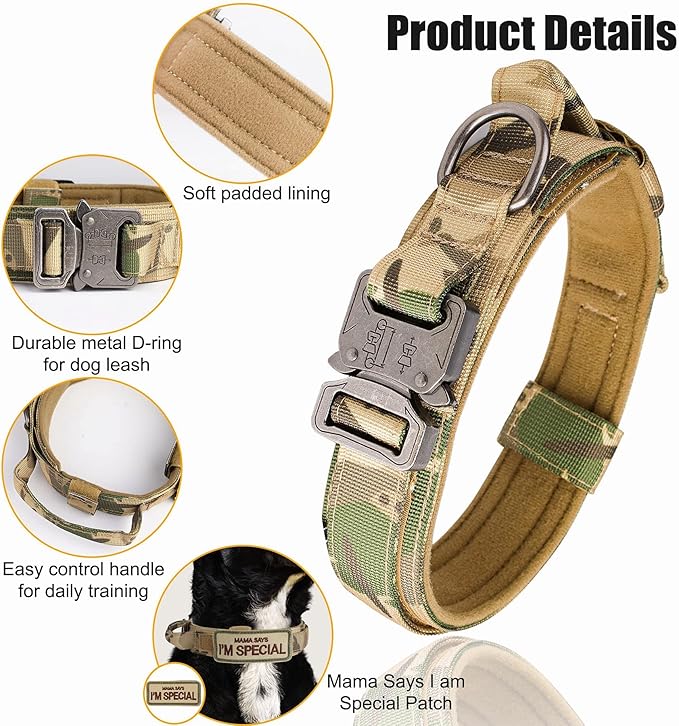 KCUCOP Tactical Dog Collar with Handle,Adjustable Military Dog Collar with Metal Buckle and Patches,Heavy Duty Dog Collars for Medium and Large Dogs (Camo-L)