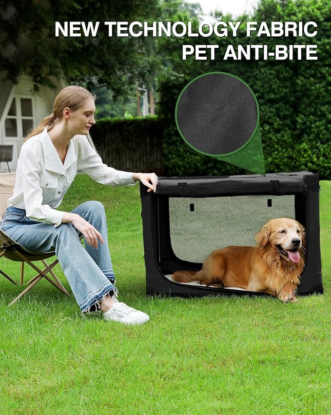 36 Inch Collapsible Travel Dog Crate for Medium Large Dogs, Portable Dog Crate 4-Door Foldable Soft Kennel with Chew-Proof Mesh Windows for Indoor & Outdoor Travel,with Storage Bag,Black