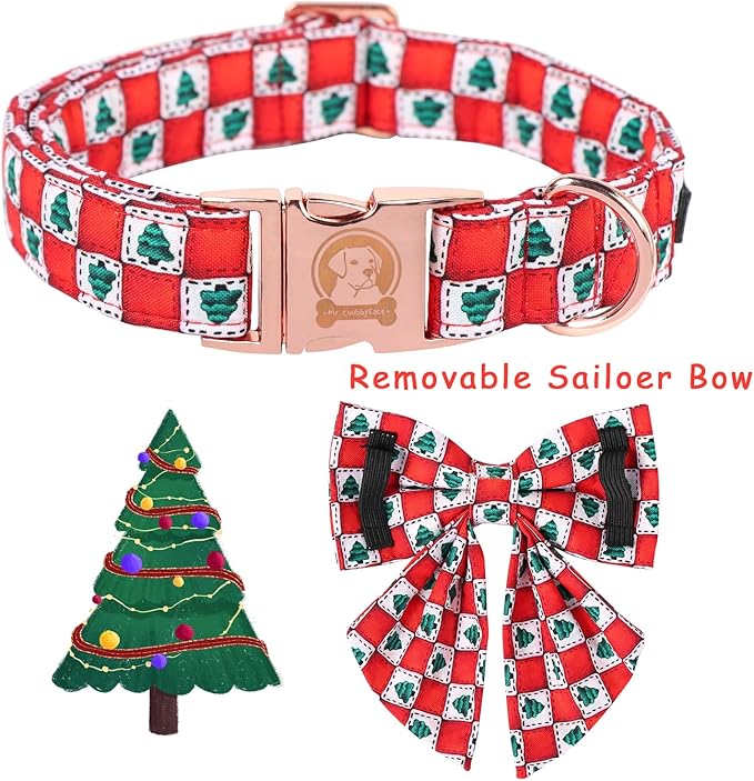 MR. CHUBBYFACE Christmas Dog Collar with Bow,Adjustable Red Square Cotton Dog Collar, Durable Dog Collar with Metal Buclke, Cute Christmas Collars for Puppy Small Medium Large Dogs