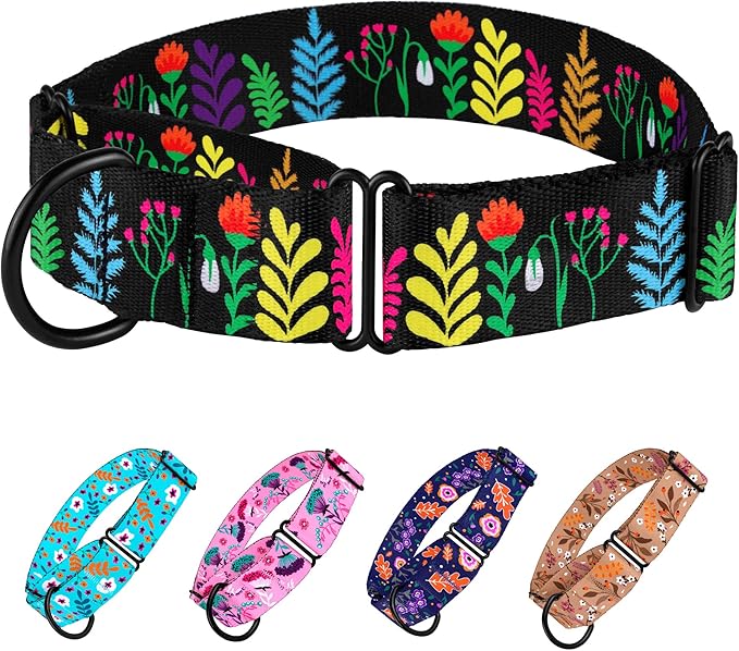 CollarDirect Martingale Collars for Dogs Heavy Duty Floral Pattern Female Safety Nylon Training Wide Collar Flower Design Large Medium (XL, Neck Size 19"-24", Black)