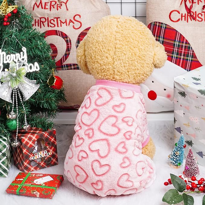Dxhycc Fleece Dog Pajamas Cute Dog Heart Pajamas Puppy Jumpsuit Pajamas Warm Soft Pet Holiday Clothes for Small Medium Cats and Dogs (Pink, M)