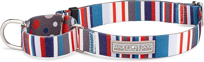 Lucky Love Dog, Nautical Martingale Dog Collar, Premium No Slip Collar, Polka Dot Striped Martingale Collar, for Dogs - (Medium, Linus Mart)