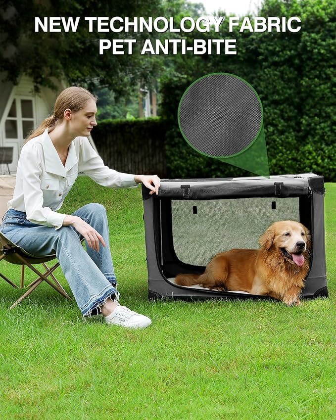 42-Inch Collapsible Travel Dog Crate, Portable 4-Door Soft Kennel for Medium to Large Dogs, Chew-Proof Mesh Windows, Indoor/Outdoor Use, Foldable, with Storage Bag (Grey)