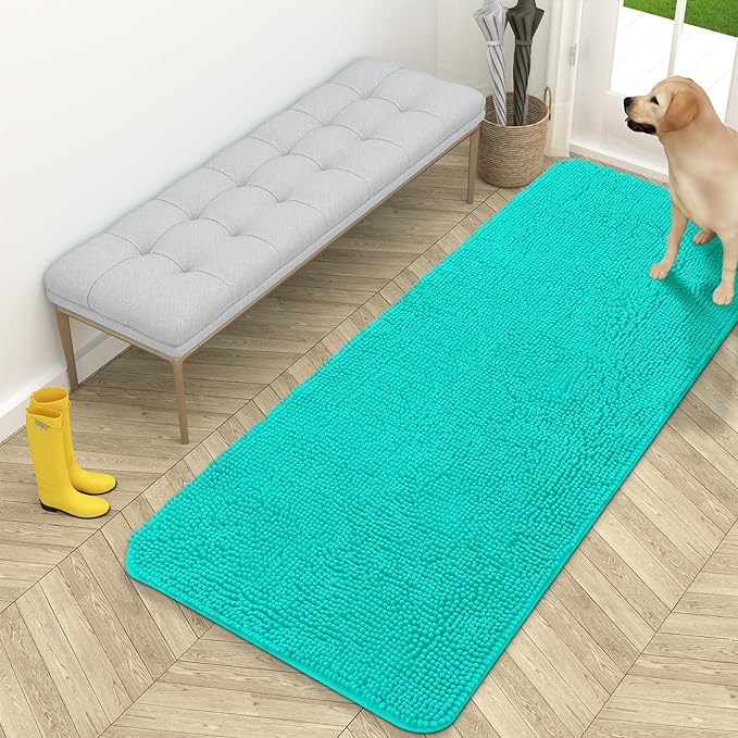 OLANLY Dog Door Mat for Muddy Paws 59x24, Absorbs Moisture and Dirt, Absorbent Non-Slip Washable Mat, Quick Dry Chenille, Mud Mat for Dogs, Entry Indoor Door Mat for Inside Floor, Teal