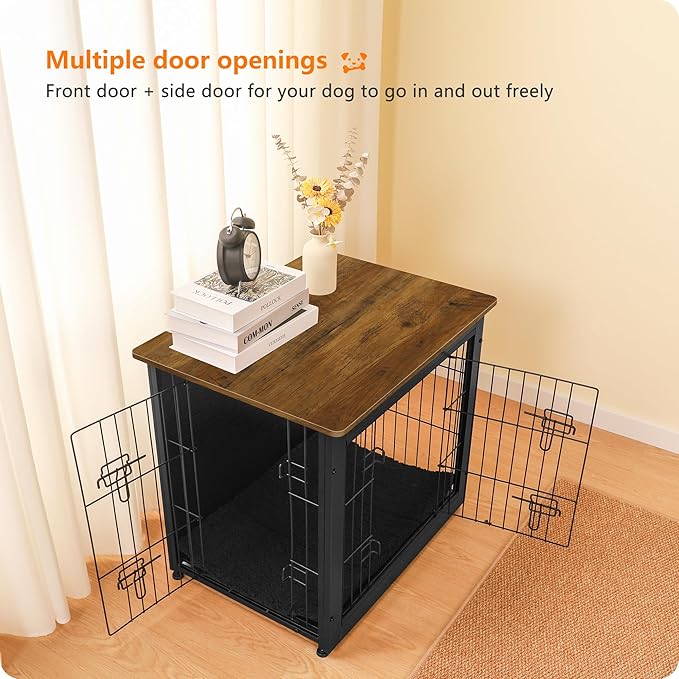 DWANTON Dog Crate Furniture with Cushion, Wooden Dog Crate with Double Doors, Dog Furniture, Dog Kennel Indoor for Small Dog，End Table, 27.2" L, Black+Warm Brown