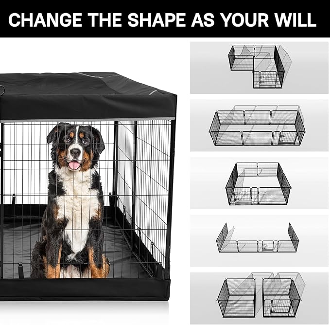 PJYuCien Dog Playpen Outdoor Plus Storage Bag，24" H 8 Panels Puppy Pen with Square Bottom & Top Cover,Heavy Duty Dog Fence for Camping