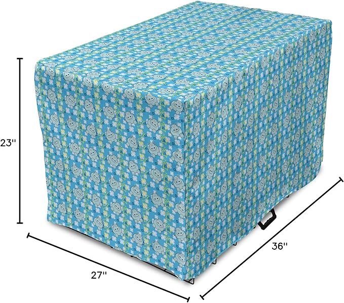 Lunarable Yellow and Blue Dog Crate Cover, Funny Cartoon Hippopotamus with Stars and Daisy Flowers, Easy to Use Pet Kennel Cover for Medium Large Dogs, 36 Inch, Pale Blue White Yellow