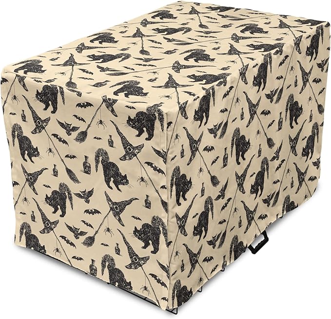 Lunarable Halloween Dog Crate Cover, Sketch Drawn Bat Cat Spider Witch Hat and Broom Pattern, Easy to Use Pet Kennel Cover for Medium Large Dogs, 42 Inch, Grey Beige Charcoal