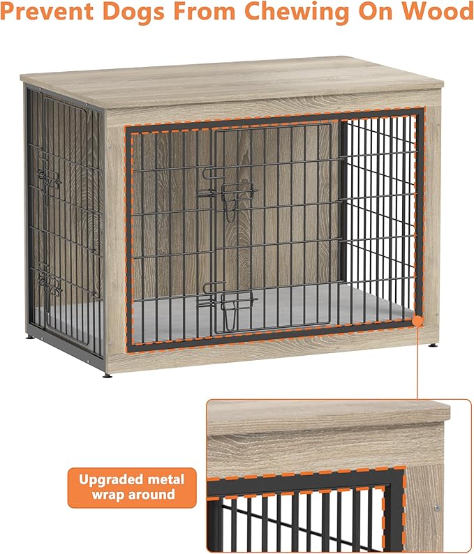 Piskyet Dog Crate Furniture with Cushion,Heavy-Duty Reinforced Metal Mesh,27" Wooden Dog Crate End Table with Double Doors,Indoor Dog Kennel,Dog Cage Side Table for Small Breed,Grey