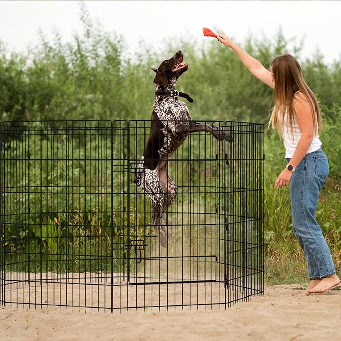 Pet Playpen Dog Fence Foldable Metal Dog Pen Wire Exercise Puppy Play Yard Pet Enclosure Indoor Outdoor 8 Panels 36 Inch with Bottom Pad/Top Cover(Black 36 top Cover)